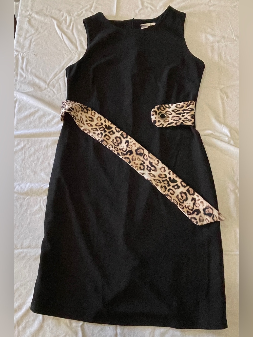 Classic Sheath Black Sleeveless Dress w/Leopard Print Belt, Figure Hugging